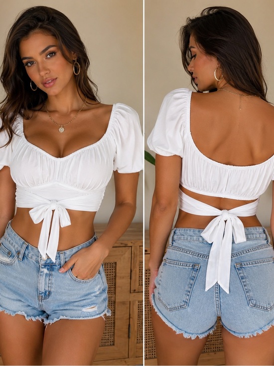 Timing Tops - Timing White Puff Sleeve Tie-Back Crop Top